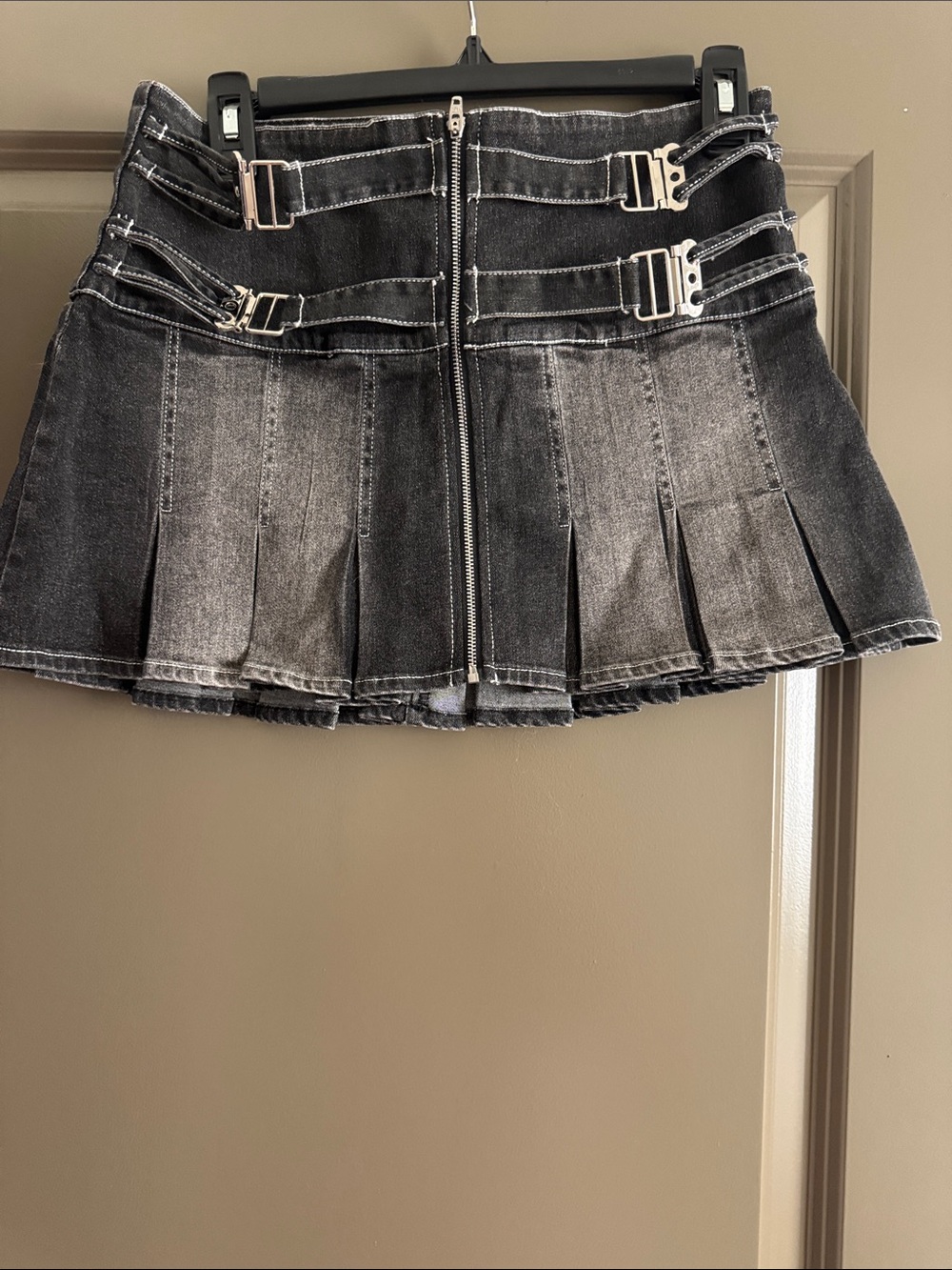 Pleated Washed Black Denim Mini Skirt with Buckle Straps